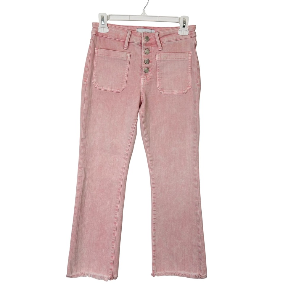 Vervet Pink Crop Bootcut Flare Jeans Women's 26 Button Front Raw Hems Stretch